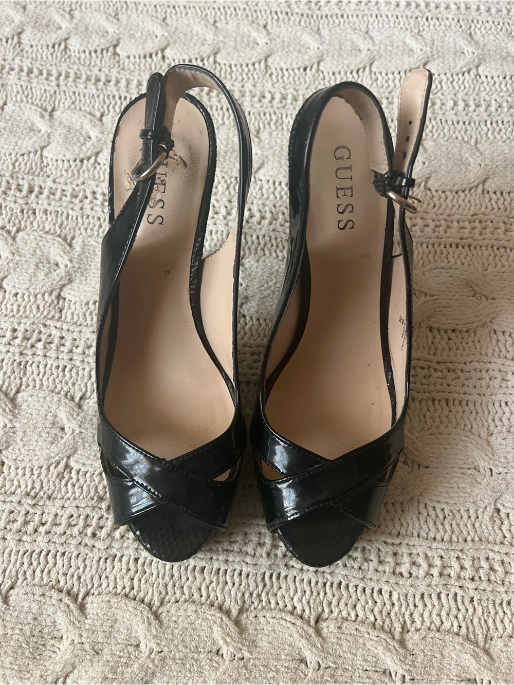 GUESS Black Patent Leather Crisscross Slingback Heels